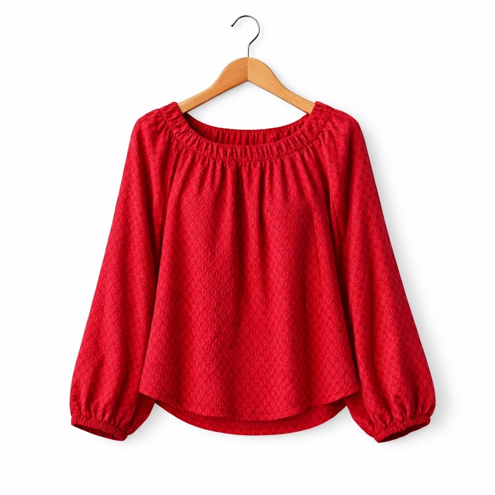 Loft Outlet Tango Red Textured Boho Blouse Medium Smocked Neck Raglan Sleeve
